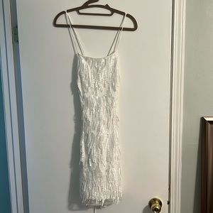 Lulus Making Magic fringe white dress. Cross back design! So cute for brides